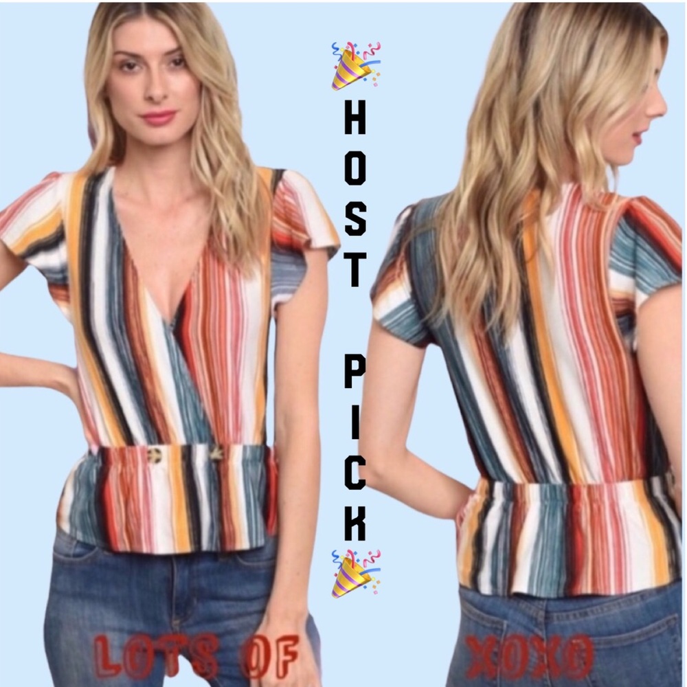 ❌DONATED❌Multicolor Blue Stripe Deep V-neck Elastic Waist Top - Picture 1 of 8